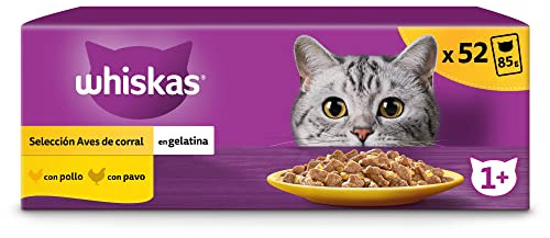 Whiskas Comida Húmeda para Gatos Adultos Selección Aves en Gelatina (13x 4 bolsitas x85g)
