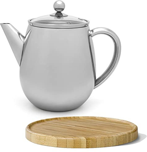 Bredemeijer doppelwandige Teekanne 1.1 Liter - silberne Edelstahl Kanne mit Glasdeckel - Tee-Filter Sieb-Einsatz & brauner Holzuntersetzer - ideal für losen Tee