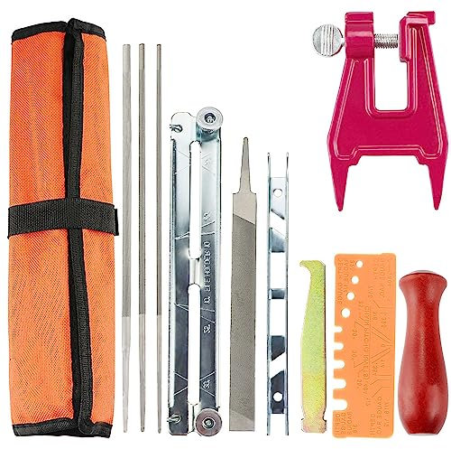 Afilador de Cadena de Sierra, Juego de Afilador de Cadenas de Motosierra, Kit Afilador Cadena de Motosierra incluye Tocón de Motosierra, lima redonda, Limas Plana, Mango de Madera