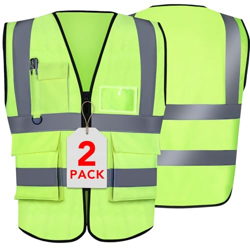XPCARE 2-Pack Reflective Safety Vest For Women Men, Green High Visibility Security Vest- Pockets and Zipper Front - Neon Green Color(X-Large)