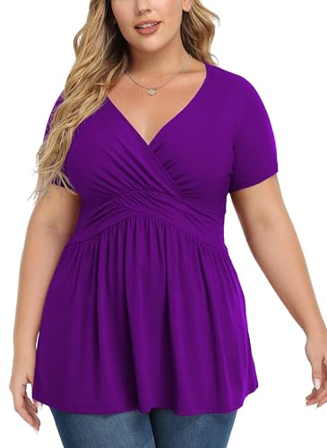 TIANZHU Plus Size Short Sleeve Blouse Elegant Wrap Shirt V-Neck Empire Waist Cute Tunic for Women Casual and Work, Purple, Size 20-22