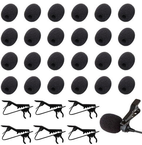 TRKETK 30 Pcs Lapel Microphone Replacement Kit, 24 Pcs Foam Mic Cover Protector Mini Headset Microphone Windscreens 6 Pcs Mic Tie Clips for Lavalier Lapel Microphone Headset Microphones(Black)
