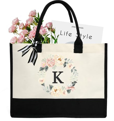 Sac fourre-tout en toile de 26 lettres de A à Z, sac cadeau personnalisé, adapté pour un mariage, un anniversaire, la plage, les vacances, est un excellent cadeau pour les femmes, les mamans