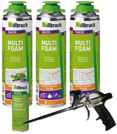 FM220 Bauschaum Montageschaum Pistolenschaum Multischaum Fensterschaum hohe Schalldämmung Wärmedämmung 500ml Kombisets (mit Reiniger AA290 + Schaumpistole Profi Teflon, 3x 500ml)