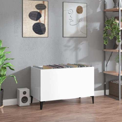 LAPOOH Armoire à disques Blanc Brillant 74,5x38x48cm Bois d'ingénierie,Player Boite,Meuble De Rangement,Rangement Disque Vinyle