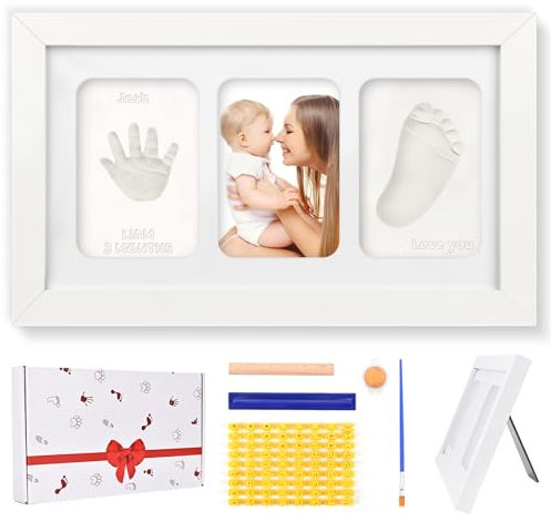 Wantli Kit Porta Foto Impronta Mani E Piedi Neonati, Set Impronta Mani E Piedi Neonati, Cornice Per Bambini, Con Cornice In Legno, Argilla, Lettere Stampo, Bastone Di Legno, Il Regalo Bimbo Perfetto