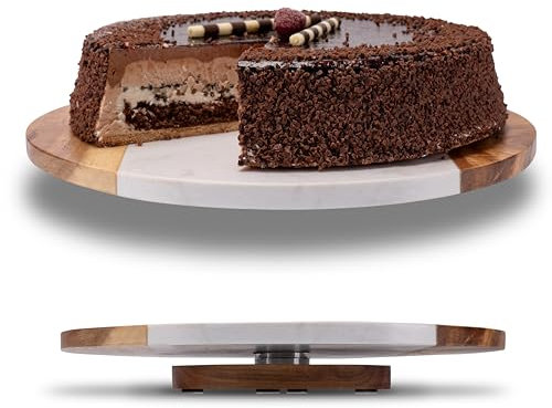 Fino Casa Plateau en Marbre Rotatif Avec Bois d'Acacia - Rond - Gâteau, Fromage, Organiseur de Cuisine - Pied et Service Tournant