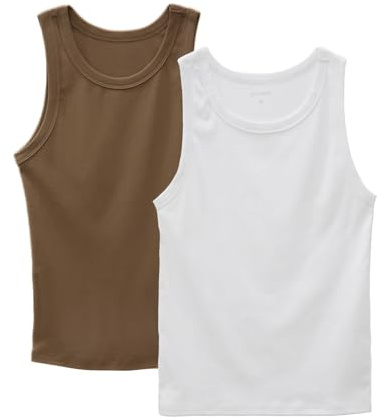 OCCIENTEC Canotta Donna a Scollo Rotondo Tank Top in Cotone Canottiera Basic per Donna Slim Bianco e Kaki,M