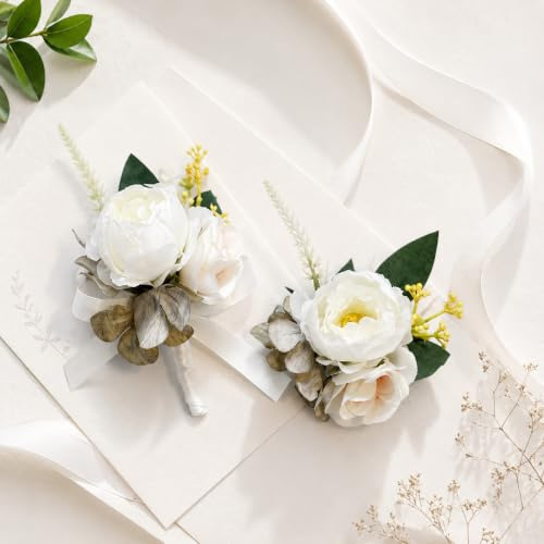 2 Pcs Rose Wedding Boutonniere/Wrist Flower, Corsage Buttonhole with Pin