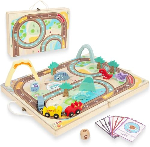 Holz Zug Set Spielzeug passend für kleine Kinder, Holz Dinosaurier Set passend für Kinder über 3 Jahre alt, tragbare und langlebige Schach Spielzeug für 3 Zug Reisen, 5 Dinosaurier