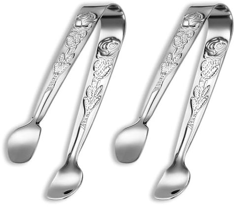 2 Stück Eiszange, Zuckerzange Rosendekor, Zangen Candybar, Küchenzange, Edelstahl Zuckerzange für Zuckerwürfel,Eiswürfel,Dessert,Büfett,Picknick,aus Edelstahl,Silber