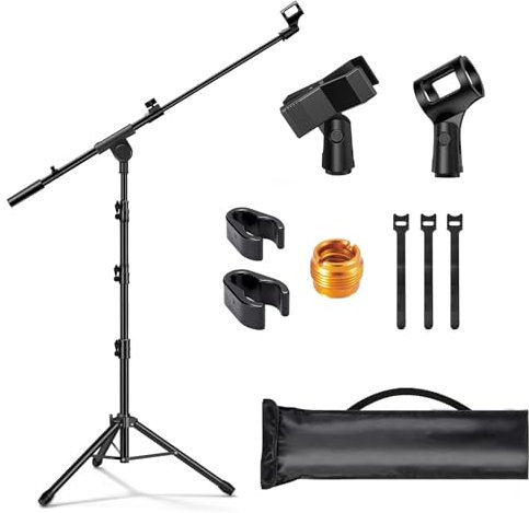 Mic Stand Tripod Microphone Stand Boom Mic Stand, Adjustable Mic Stand Floor Boom Arm with Microphone Holder, Compatible with Blue Yeti Shure SM58 SM57 SM48 Samson Q2U Fifine K6 K688 AM8