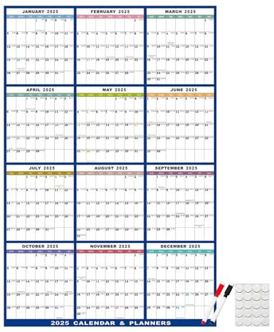 avtorkningsbar kalender 2025 – 12 månadskalender 2025, återanvändbar månadskalender 2025 | väggkalender med månadsplanering, återanvändbar whiteboard-årskalender, raderbar skala