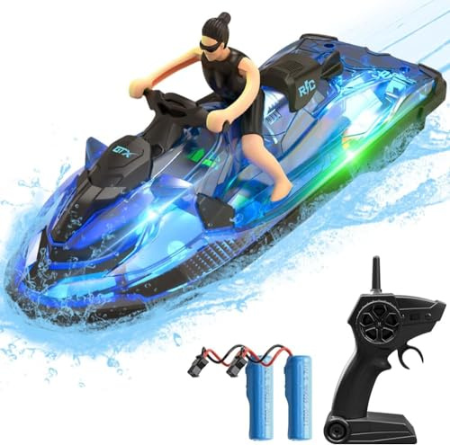 OBEST Barco teledirigido de 2,4 GHz, lancha a motor RC con luces LED y muñecas de simulación, 2 baterías, juguete para niños, adecuado para piscinas y lagos