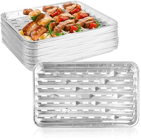 AZKEEGREY Confezione da 40 vassoi in alluminio per barbecue usa e getta, 34 x 22 x 1,8 cm, in alluminio perforato, grandi teglie per griglia con fori per forno, cottura, asporto, preparazione dei