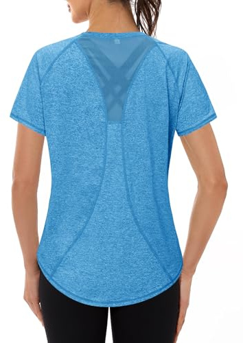 Gyabnw Camiseta Deportiva para Mujer, Camiseta de Manga Corta, Camiseta de Entrenamiento, Rápido Camisetas de Malla Mujer Yoga Fitness Top Ropa Deportiva Entrenamiento Azul Cielo Profundo XXL