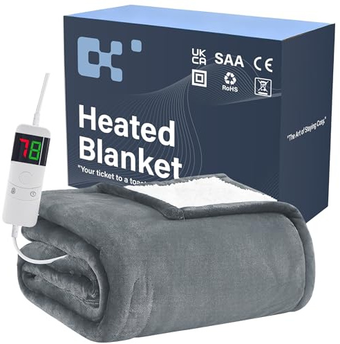 BOMOVA Electric Heated Blanket Single Throw (130x160cm,Grey)-Flannels Fleece Winter Warm Blanket,10-Level Heating & 5 Auto Timer,Cozy Sofa Throw for Home Office,Xmas House Warming New Home Gifts