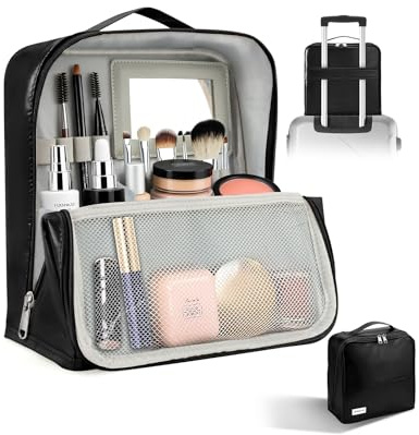 Travel Makeup Bag, CS COSDDI Make Up Bags for Women Large Capacity Cosmetic Bags Waterproof Toiletry Bag with Luggage Compartment Tie and Detachable Mirror, Leather Portable Standing Makeup Bag