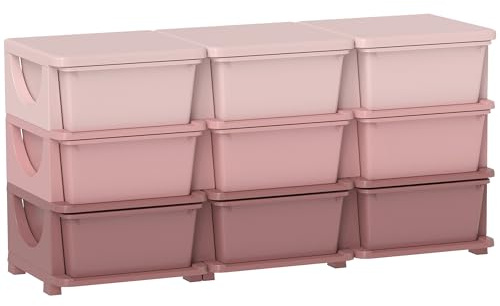 HOMCOM 9 Drawers Plastic Kids Storage Units 3 Tier Children Toy Chest Pink | Nursery, Playroom, Bedroom, Toy Storage Unit