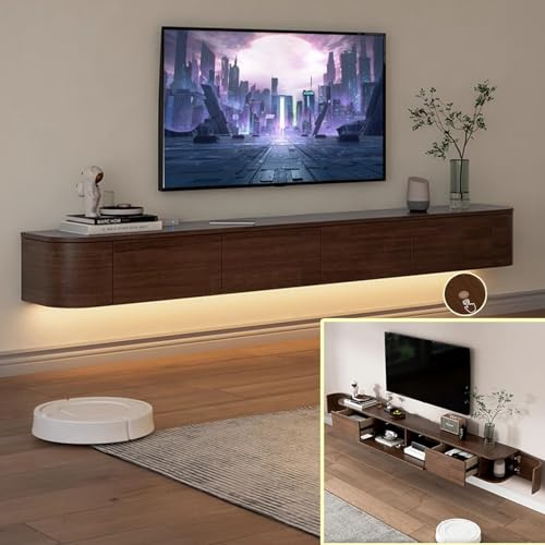 XDXINY Soporte de TV flotante, estante de pared de TV de madera maciza con puerta, consola de medios de TV, gabinete de TV montado en la pared con gran espacio de almacenamiento, banco de TV para