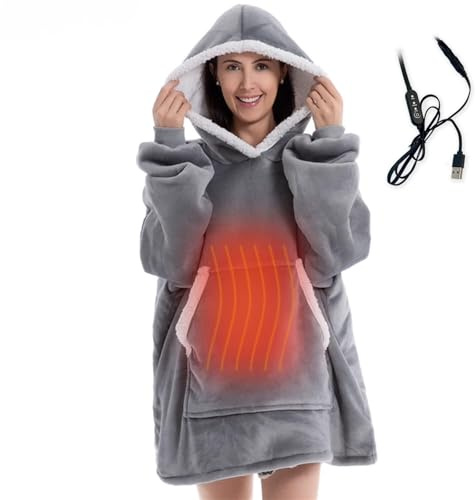 CAIYZH USB uppvärmd bärbar filt elektrisk huva filt med 3 uppvärmningsnivåer, fleece bärbar fluffig filt med huva varm filt sweatshirt rock för vuxna