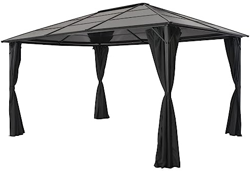 Mokuyary Trädgårdspaviljong med gardin aluminium 4 x 3 x 2,6 m svart, paviljong trädgårdstält, festtält, trädgårdspaviljong för trädgård, fest, festival, bröllop