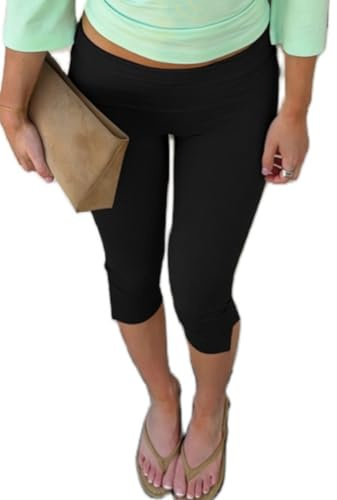 Barbotimer Women Capri Leggings Y2k Stretch Fold Over Side Slit Bodycon Lounge Pants Workout Joggers Yoga Cropped Pants Streetwear (Black, S)