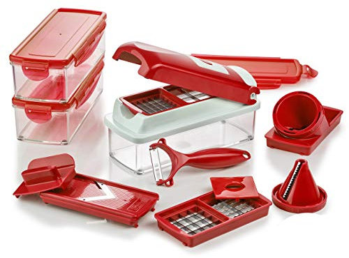 Genius Mandoline Nicer Dicer Smart 16en1 Multifunction Professionelle rouge - Coupe-légumes avec Grilles de découpe, Poussoir, Rabot, Eplucheur | dés, bâtonnets, tranches, spirales
