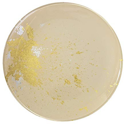 Syosaku Japanese Urushi Glass Flat Dinner Plate Φ11-inch Light Beige with Gold Leaf, Dishwasher Safe