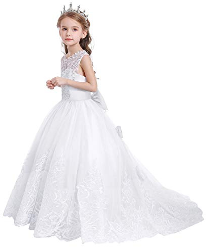 MYRISAM Filles Appliques Robe de Première Communion Tulle Dentelle avec Bowknot Demoiselle d'honneur Robe d’mariage Cérémonie Soirée anniversaire Baptême Carnaval Fête Blanc 4-5