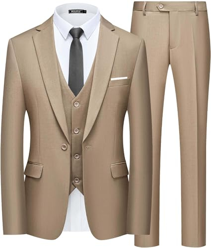 WULFUL Men’s Slim Fit Suit One Button 3-Piece Blazer Dress Business Wedding Party Jacket Vest & Pant Light Brown