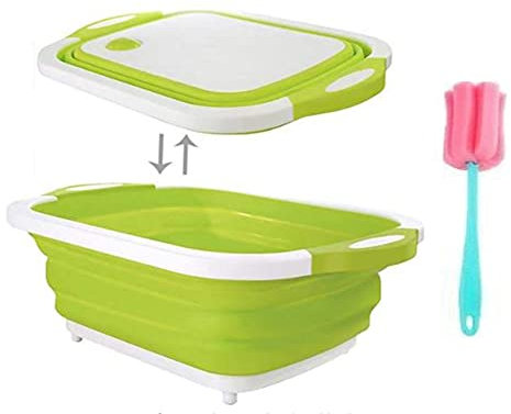 Xersex Planche à découper multifonction pliable - Durable - Sans BPA - Sans BPA - Bac à légumes portable - Brosse de nettoyage - Vert