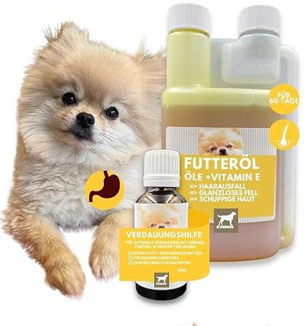 EMMA Leinöl Hunde + Verdauungshilfe - Barf Öl - Omega 3 Öl für Hunde - Leinöl Distelöl Wallnussöl I Futteröl Vitamin E - Barf Zusatz reich an Omega 3 6 Fettsäuren Fell Haut Verdauung 0,25l 30ml