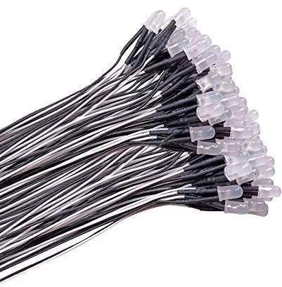 YIXISI 100 PCS 5mm LED-dioderljus med Diffus Färgad Lins, Ultraljus 12V 20cm Förkopplad, Vit