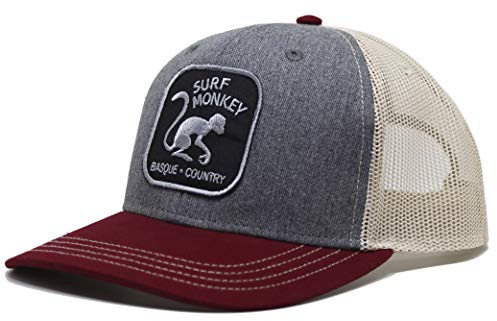 Trucker Keps - Böjt visir - Justerbar Snapback Keps - Broderad Surf Monkey®-lapp - 6-panelsdesign - Surfa i Baskien (Granate/Beige)