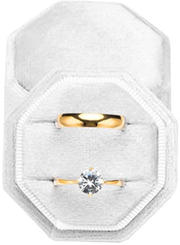 POKOFO Premium Velvet Ring Bearer Box for Proposal Engagement Wedding Ceremony - Equilateral Octagon Vintage Double Ring Display Holder with Detachable Lid (White)