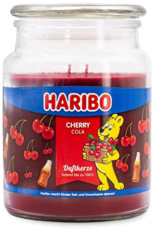 Haribo Duftkerze im Glas mit Deckel | Cherry Cola | Fruchtig | Kerzen Rot | Groß (510g) | Lange Brenndauer (100h)