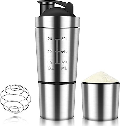 HIULLEN Shaker Bottle, 600+200ML Shaker proteico in acciaio inox, Shaker per Proteine con Sfera In Acciaio Inossidabile per Sport, Fitness E Regali (d'argento)