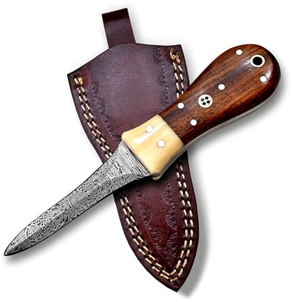 Hercules Knives Premium Oyster Shucker Knife, Oyster Knife, Damascus Steel Clam, Camel Bone & Walnut Handle Leather Sheath Seafood Opener Kit Tool Non Slip Handle (Walnut Handle)