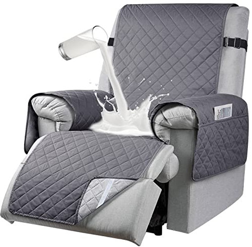 RAPRAP Waterproof Recliner Chair Cover, Sofa Coves with 6 Side Pockets, Anti-fouling 1 Seats Armchair Non-slip Protectors for Adjustable Tightening Straps, Grey (RAPRAP02)