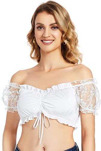 Blusa Dirndl Mujer Elegante Trachten Dirndl Blouse Manga Corta Tradicional Oktoberfest Blanco Sin Tirantes 36