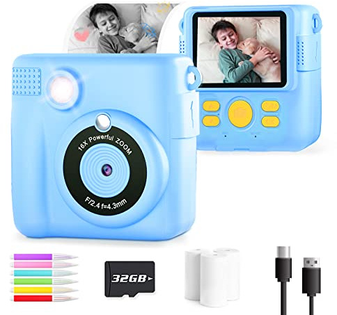 Kids Camera Boys Girls, Kids Instant Print Camera Toy 3-14 Year Old, 1080P HD Kids Digital Camera with Photo Paper Birthday Gifts 3 4 5 6 7 8 9+ Year Old Boy 6 Colour Pens 32GB SD Card