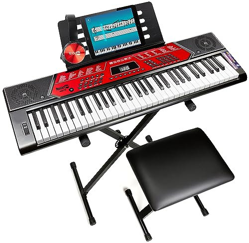 RockJam Clavier de Piano 61 Touches avec Pitch Bend, Support, Banc, Casque, Autocollants de Notes & Leçons