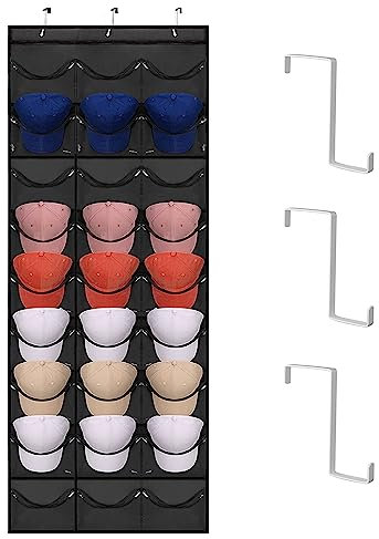 xocome Baseball Kappen Halterung Faltbar Kappenhalter Wand mit 27 Taschen, Tür Rückwand Cap Halter mit 3 Metallhaken Cap Huthalter Wand, Schwarz