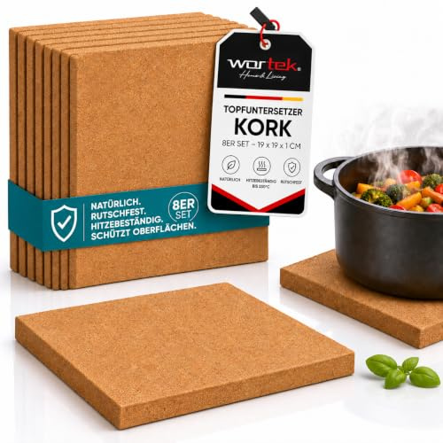 wortek Grytunderlägg kork underlägg kruka 19 cm diameter, uppsättning med 8 korkunderlägg fyrkantiga för krukor, ugnsform, raclette, grytunderlägg värmebeständigt underlägg kastrullunderlägg