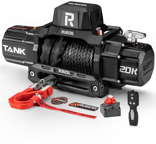 RUGCEL WINCH 20000lb 12V DC Heavy Duty Electric Winch, Waterproof Synthetic Black Rope with Hawse Fairlead, 2 in 1 Infrared Remote Control, Off-road Recovery Winch for Truck SUV 4x4