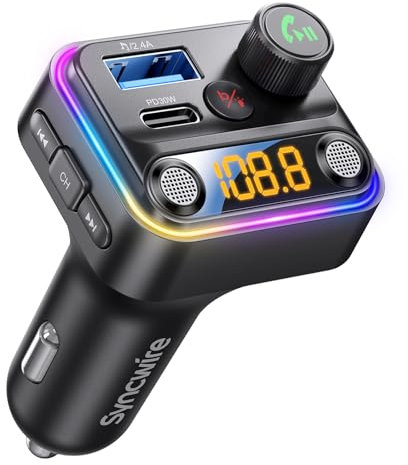 Syncwire Bluetooth Adapter Auto, 5.4 FM Transmitter Auto Bluetooth Doppelmikrofon, 42W PD & QC 3.0 Schnellladung AutoLadegerät, Wireless Freisprecheinrichtung, Stereo Musikplayer, Lichtschalter