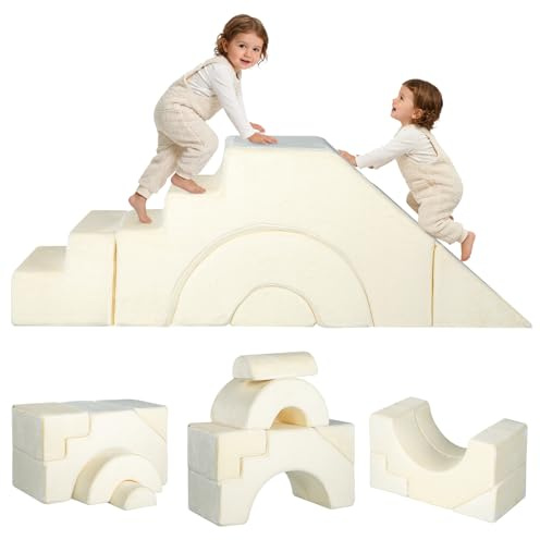 MeMoreCool Kids Play Sofa, Foam Modular Climbing Toddler Chair Couch, Sectional Baby Couch Slide & Stair, Convertible Children Sofa Playroom Furniture, Beige