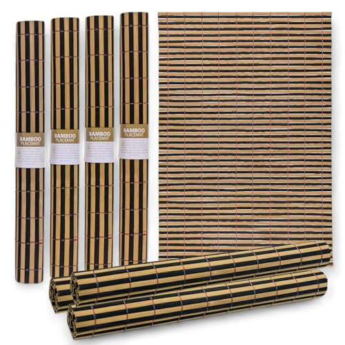 MIJOMA Bambus Platzmatten Set | 4 Stück 30x45cm | Platzdeckchen Tischsets | Robust, Pflegeleicht & Aufrollbar (Schwarz-Braun)