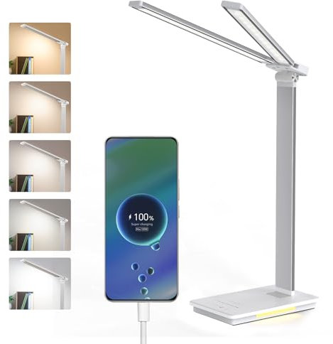 LENDOO LED Lampada Scrivania, Luce Scrivania Doppia Testa Wireless Batteria/Porte USB, 5 Modalità Colore, Luce Lettura Dimmerabile, Lampada Tavolo Touch, Per Camera, Ufficio